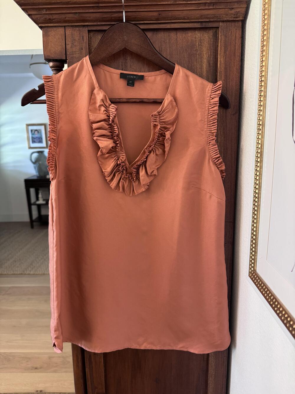 J Crew Blouse Girls 4T Orange Satin Sleeveless Ruffle V Neck Pullover Top